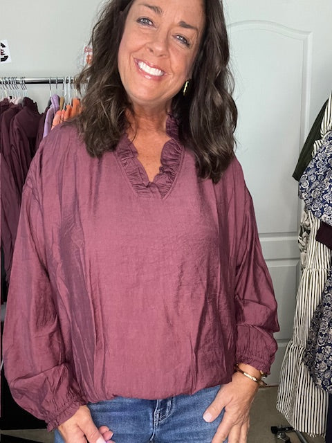 Merlot Ruffle V Neck Blouse