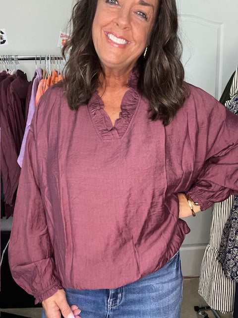 Merlot Ruffle V Neck Blouse