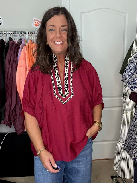 Garnet Dolman Sleeve Top with Animal Print Detail