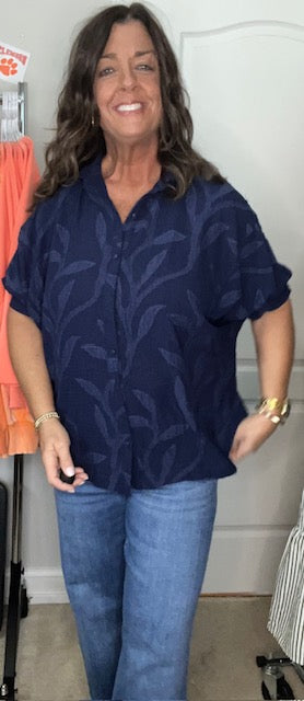 V neck Floral Detailed Top Navy