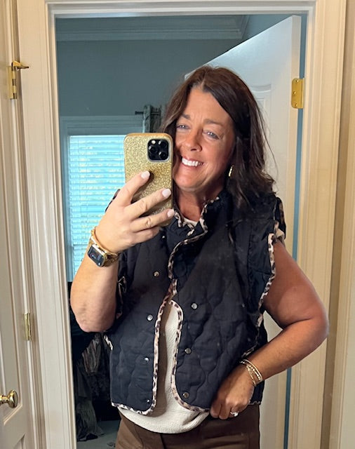Quilted Ruffle Vest with Leopard Trim-Black