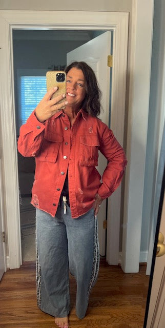 D Mauve (Brick) LS Distressed Button Down Jacket