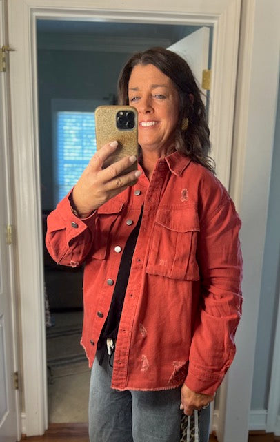 D Mauve (Brick) LS Distressed Button Down Jacket