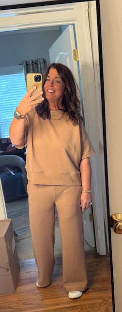 Ribbed Round Neck Tee & Pants Deep Camel