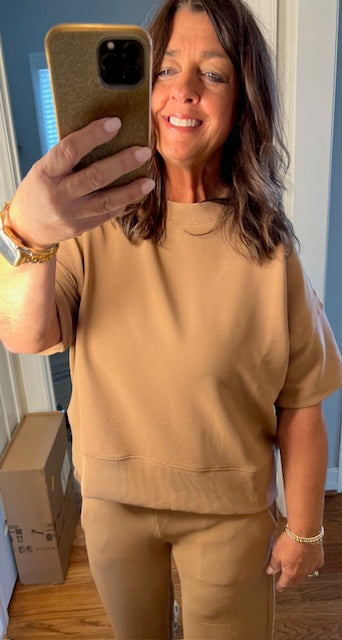 Ribbed Round Neck Tee & Pants Deep Camel