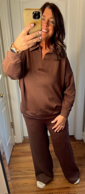 Brown Scuba Collared Pullover Pants Set