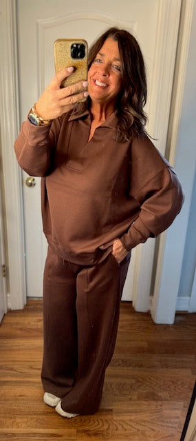 Brown Scuba Collared Pullover Pants Set