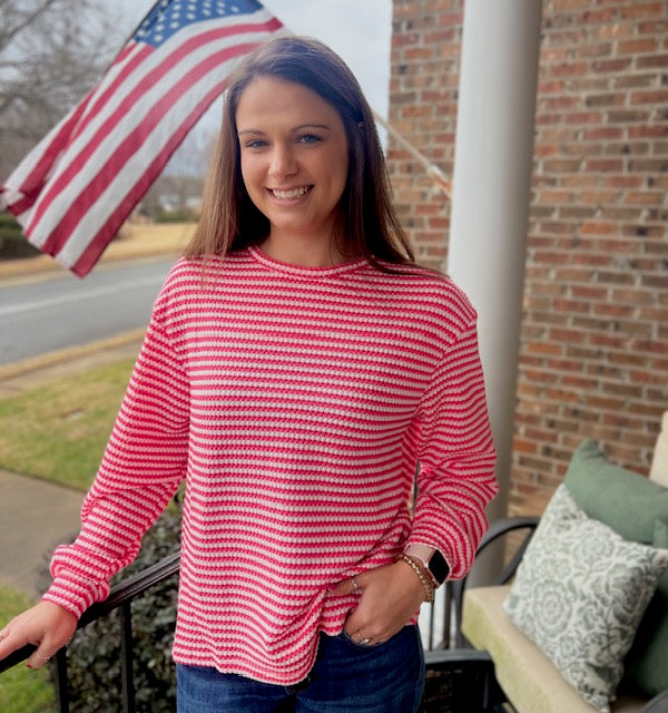 Stripe Round Neck Drop Shoulder Long Sleeve Top Pink