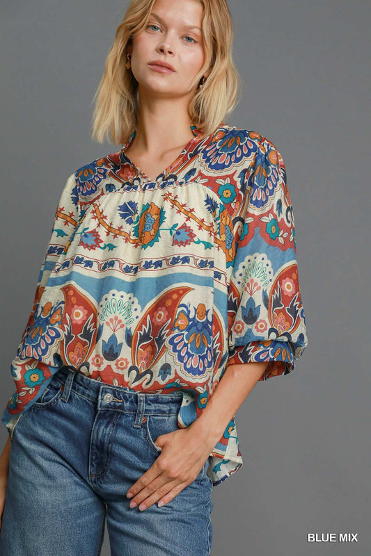 Blue Mix Split Neck Print Top