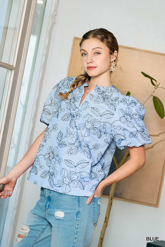Embroidered Pullover Blue Top