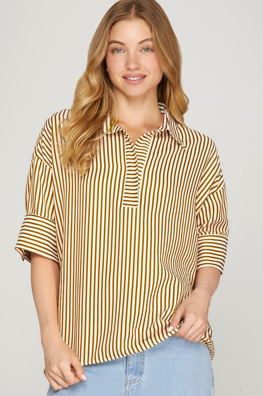 Brown Short Sleeve Oversized Striped Top