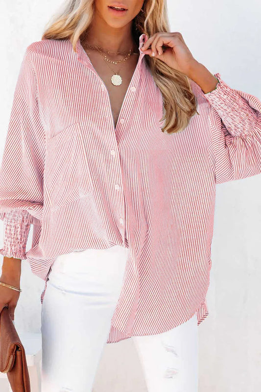 Red Striped Smocked  Cuff Button Up Top