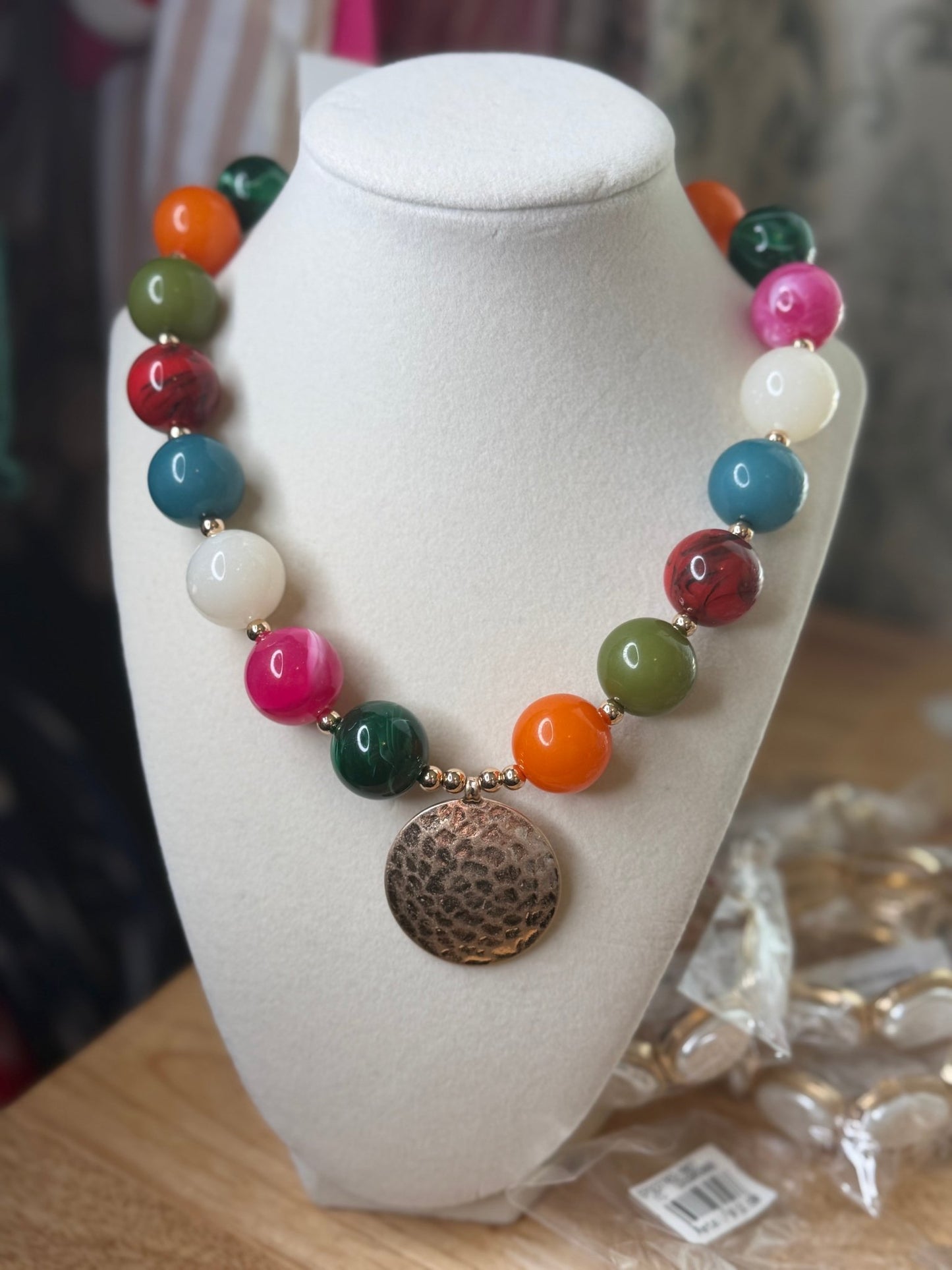 Bead & Metal Disk Necklace 20mm Multi Color - Simply Pink Boutique