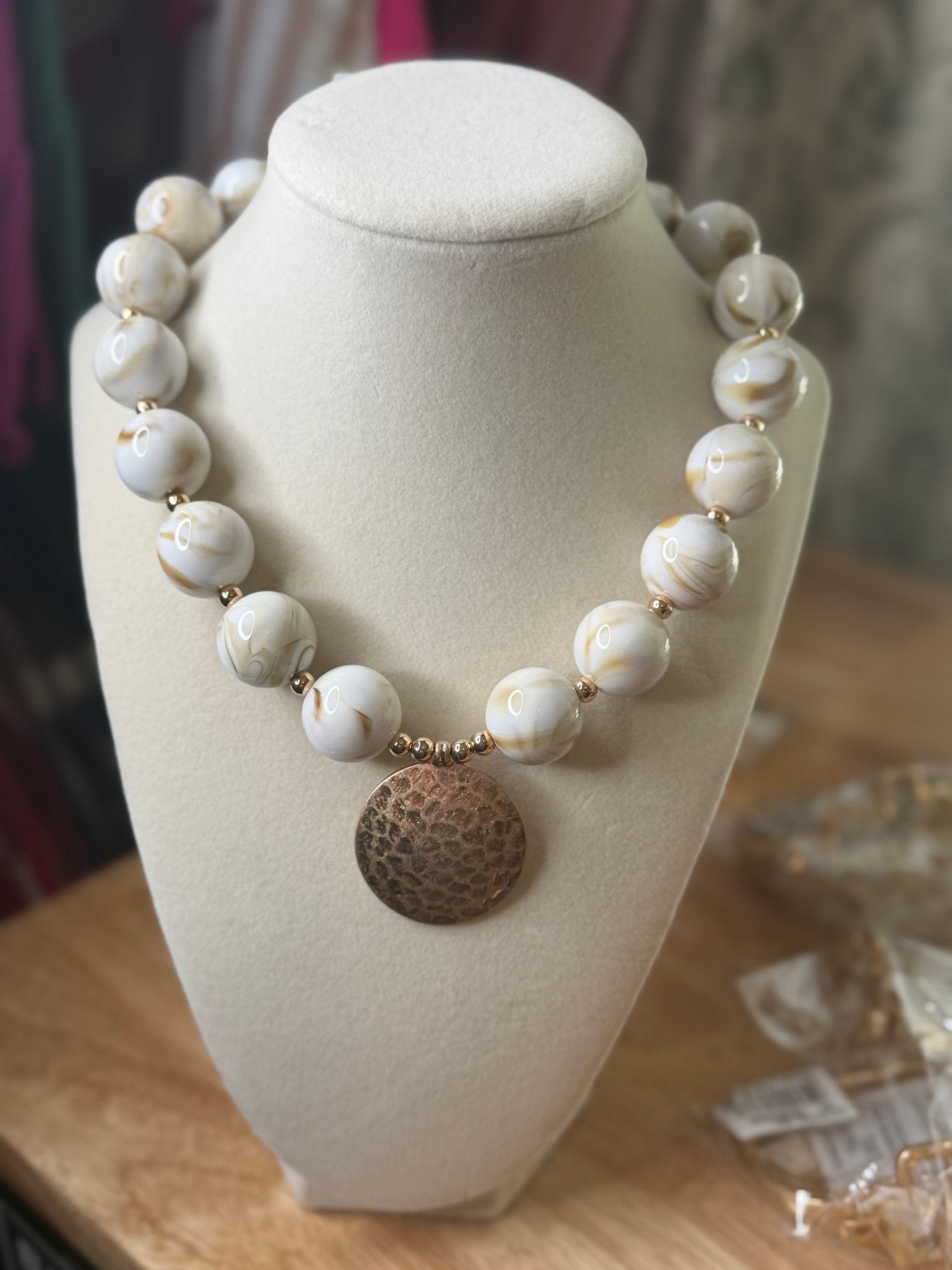 Bead & Metal Disk Necklace-20mm Natural - Simply Pink Boutique