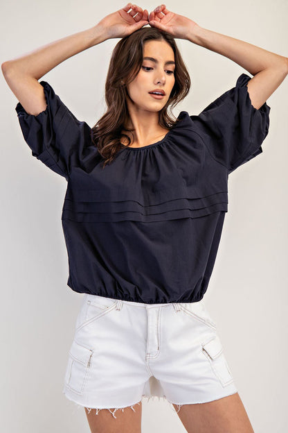 Black Pleated Puff Sleeve Top - Simply Pink Boutique