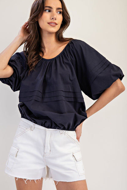 Black Pleated Puff Sleeve Top - Simply Pink Boutique