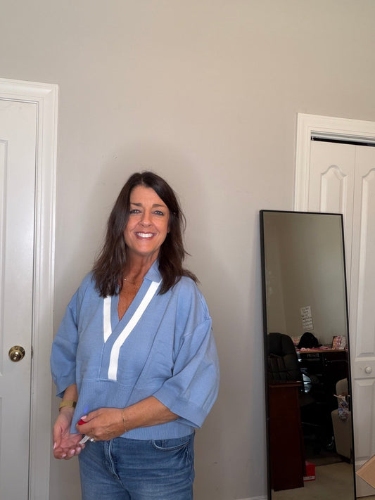 Blue Collar with Contrast Trim Sweater - Simply Pink Boutique