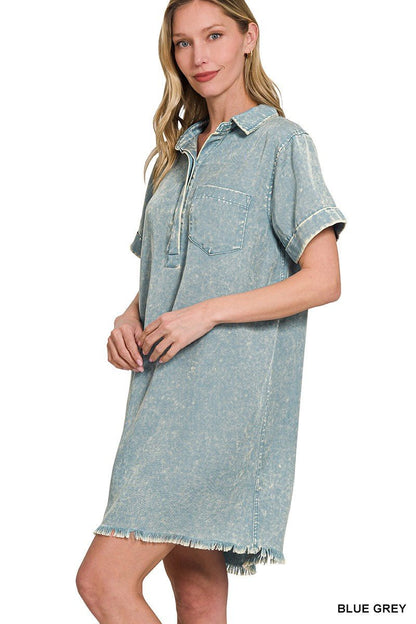 Blue Grey Mineral Wash Collared Dress - Simply Pink Boutique