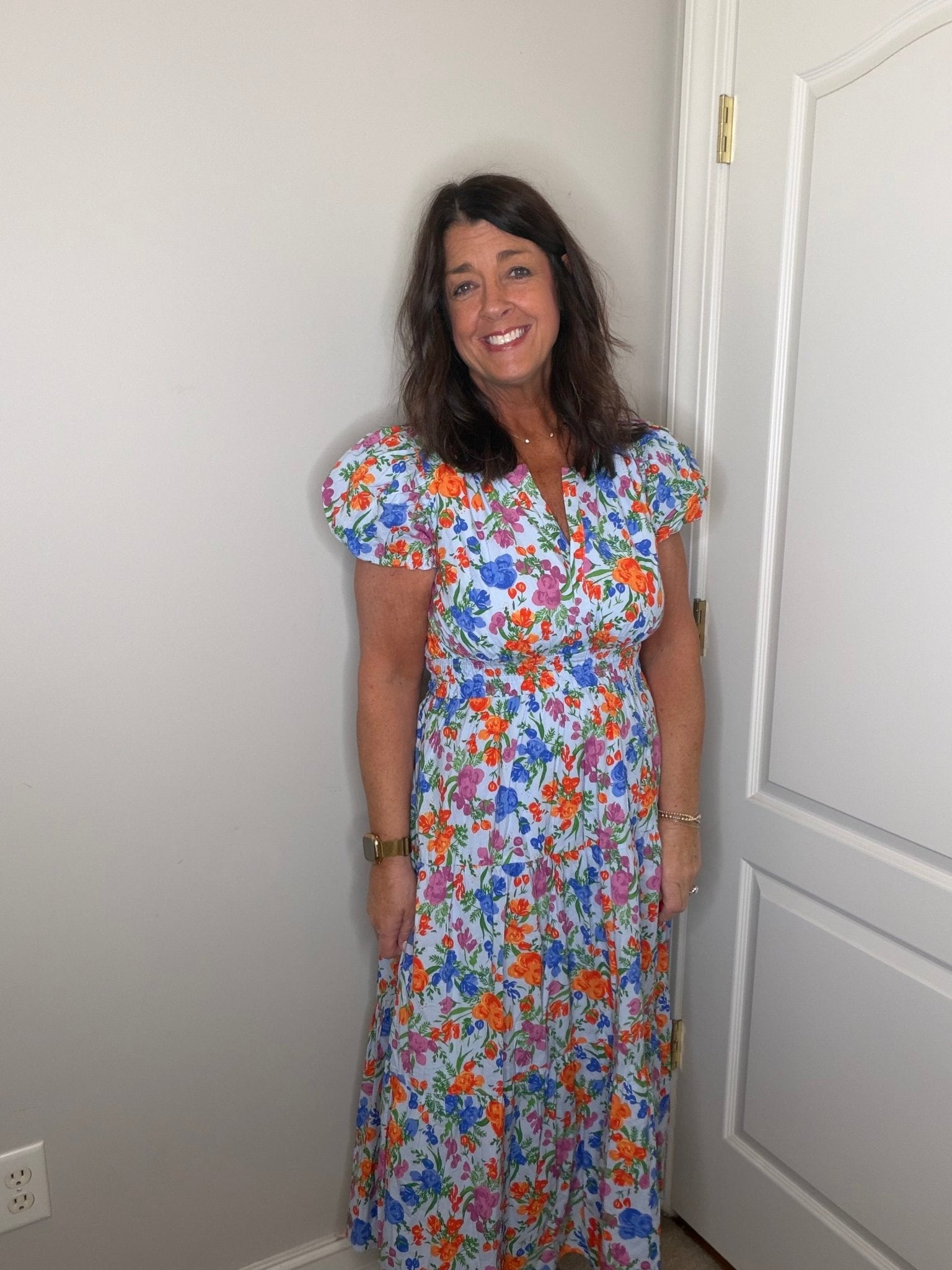 Blue Multi Flower Print Midi Dress - Simply Pink Boutique