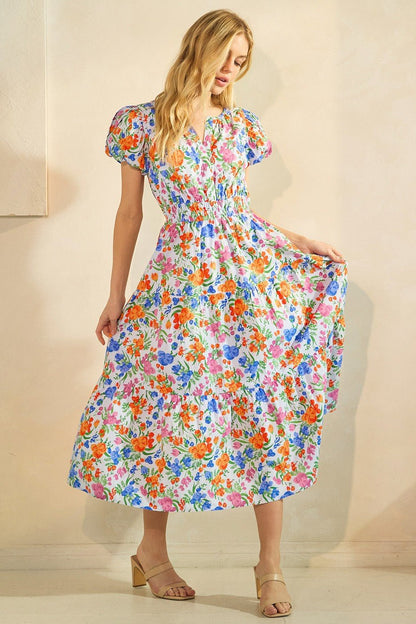 Blue Multi Flower Print Midi Dress - Simply Pink Boutique