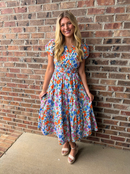 Blue Multi Flower Print Midi Dress - Simply Pink Boutique