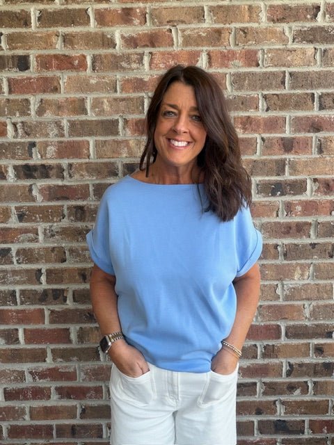 Blue Scuba Short Sleeve Top - Simply Pink Boutique