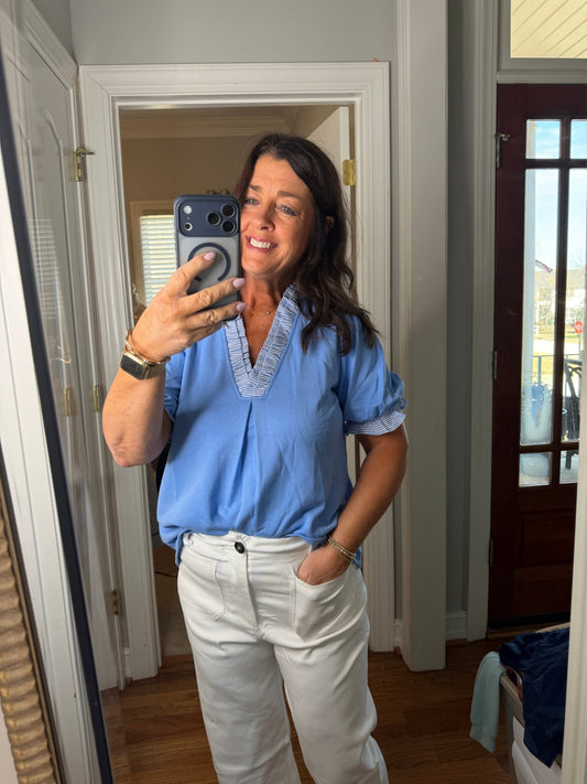 Blue Top with Striped Collar - Simply Pink Boutique