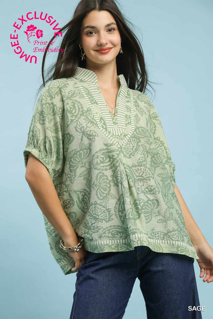 Botanical Print Mix Trim Top Sage - Simply Pink Boutique