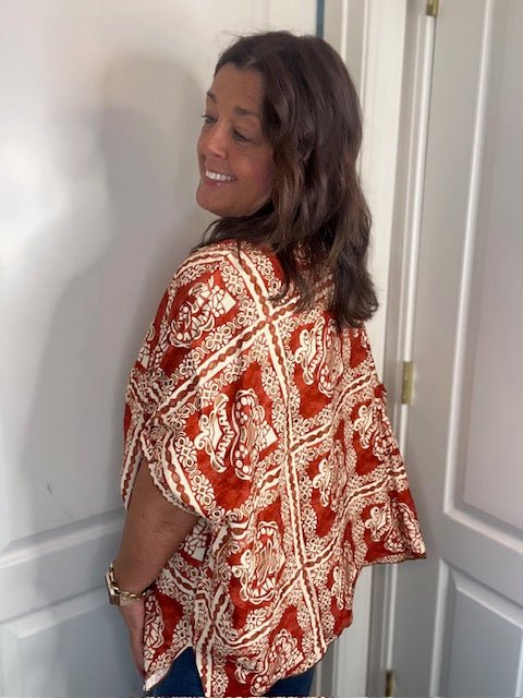 Brick Mix Printed Dolman Sleeve Blouse with a Scalloped Hem and Neck - Simply Pink Boutique