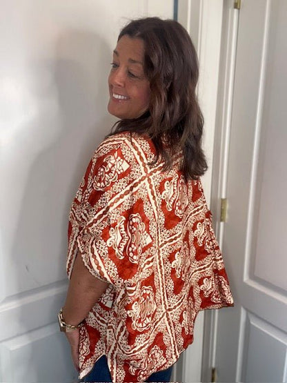 Brick Mix Printed Dolman Sleeve Blouse with a Scalloped Hem and Neck - Simply Pink Boutique