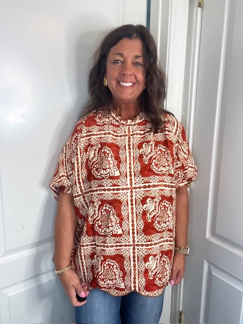 Brick Mix Printed Dolman Sleeve Blouse with a Scalloped Hem and Neck - Simply Pink Boutique