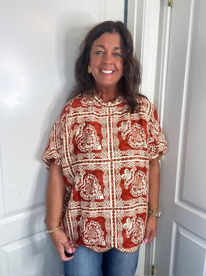 Brick Mix Printed Dolman Sleeve Blouse with a Scalloped Hem and Neck - Simply Pink Boutique