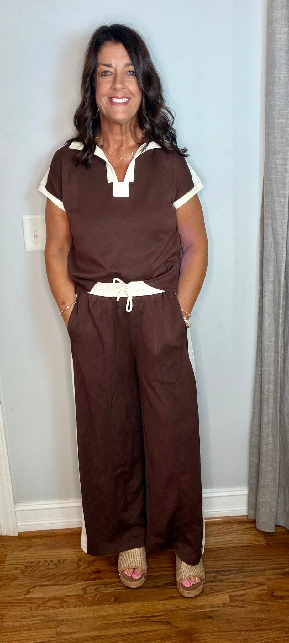 Brown Contrast Stripe Short Sleeve Top with Pants Set - Simply Pink Boutique