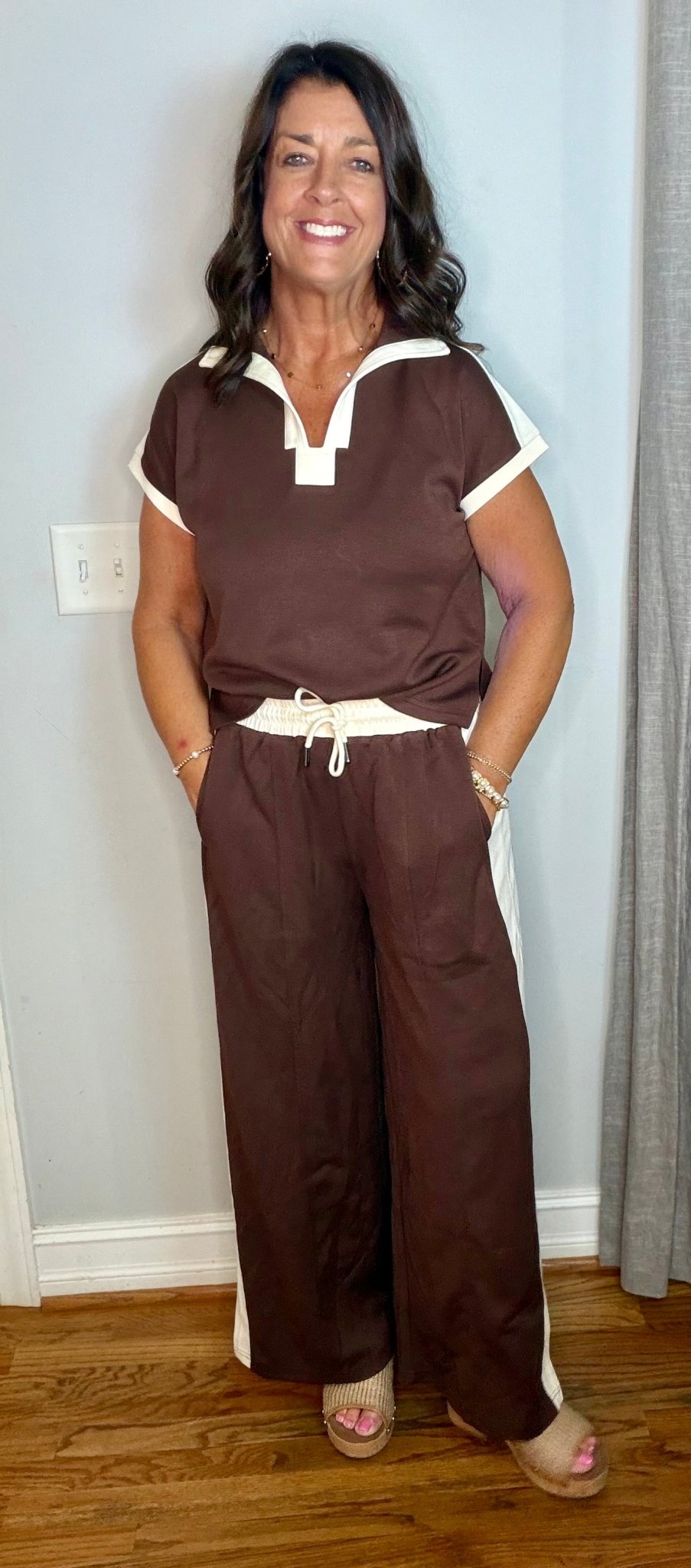 Brown Contrast Stripe Short Sleeve Top with Pants Set - Simply Pink Boutique
