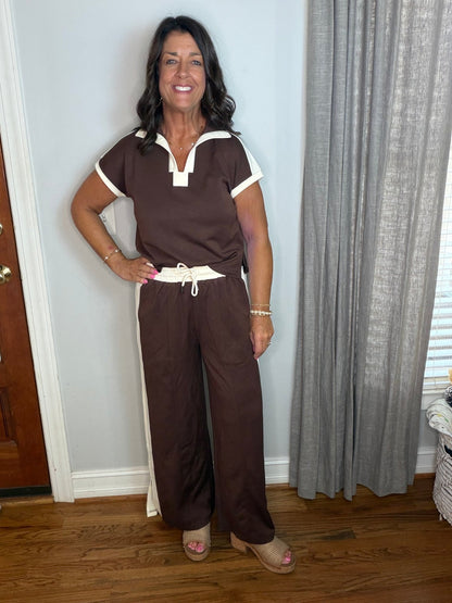 Brown Contrast Stripe Short Sleeve Top with Pants Set - Simply Pink Boutique