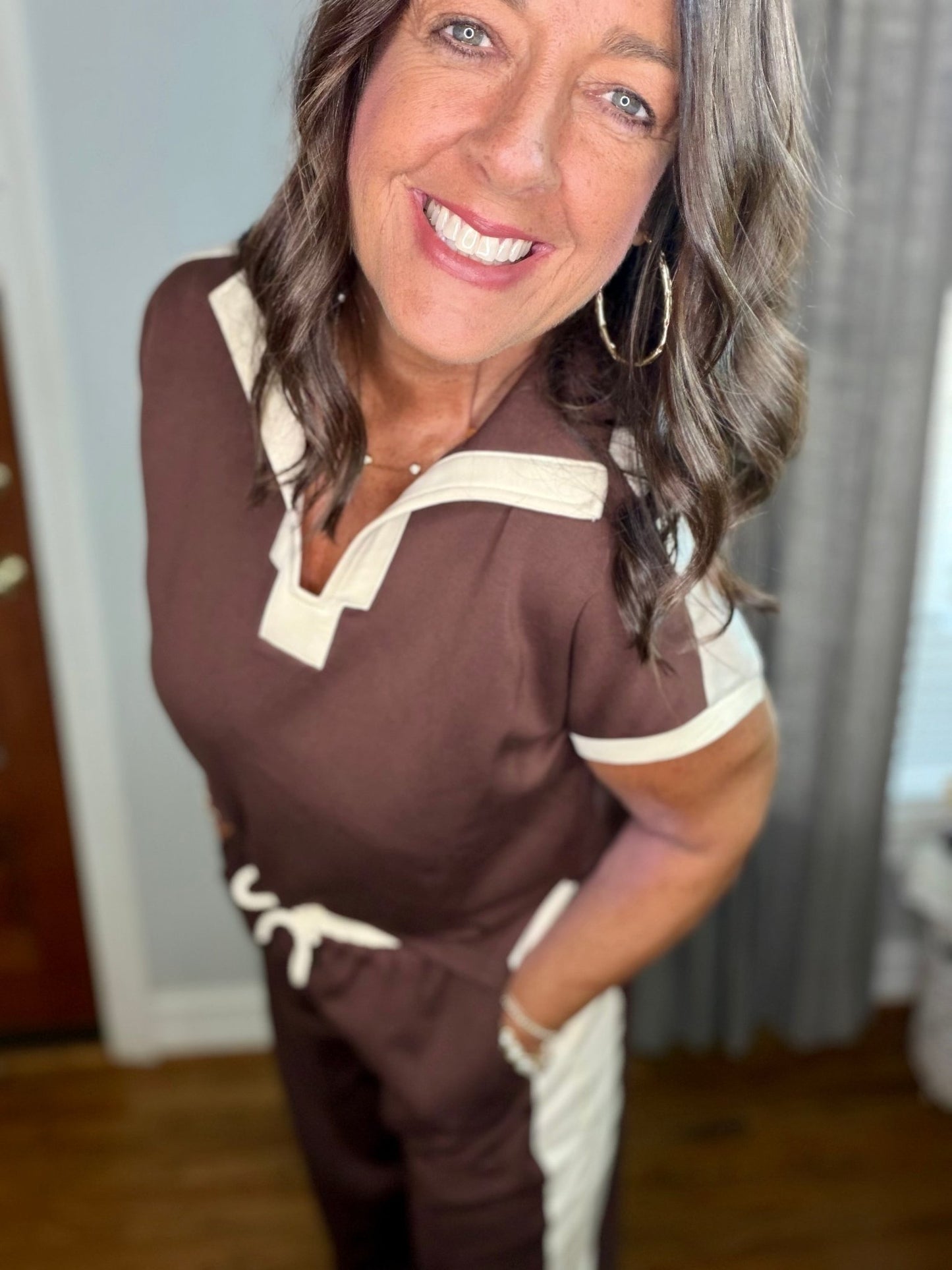 Brown Contrast Stripe Short Sleeve Top with Pants Set - Simply Pink Boutique