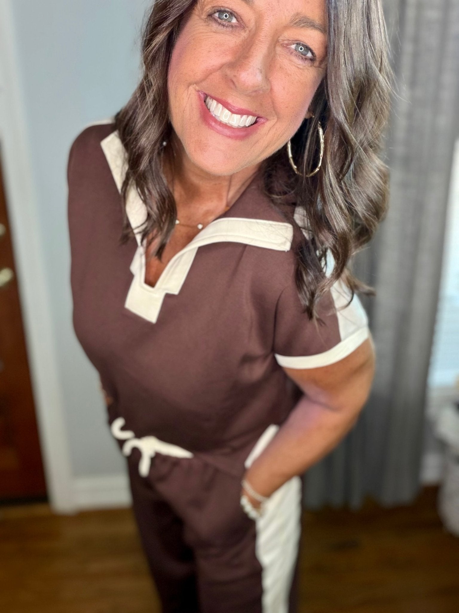 Brown Contrast Stripe Short Sleeve Top with Pants Set - Simply Pink Boutique