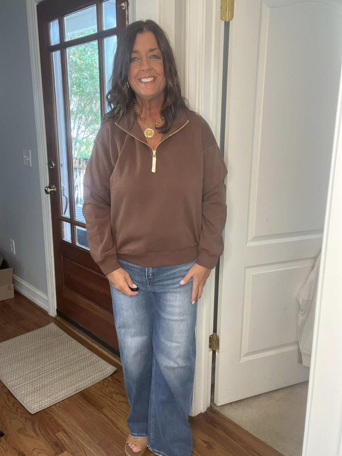 Brown Fleece Half Zip Sweatshirt - Simply Pink Boutique