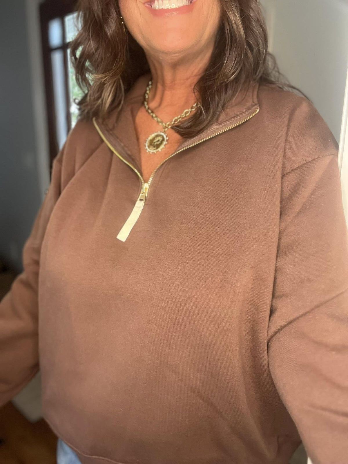 Brown Fleece Half Zip Sweatshirt - Simply Pink Boutique