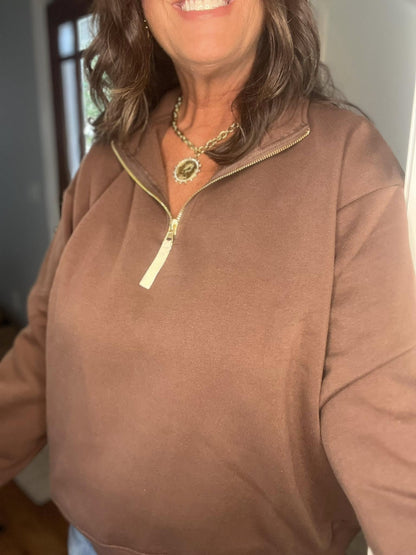 Brown Fleece Half Zip Sweatshirt - Simply Pink Boutique