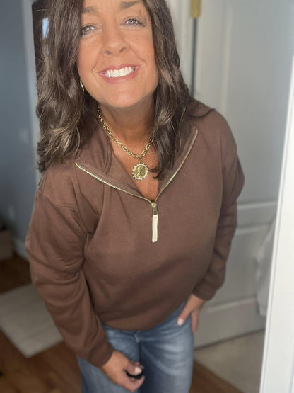 Brown Fleece Half Zip Sweatshirt - Simply Pink Boutique