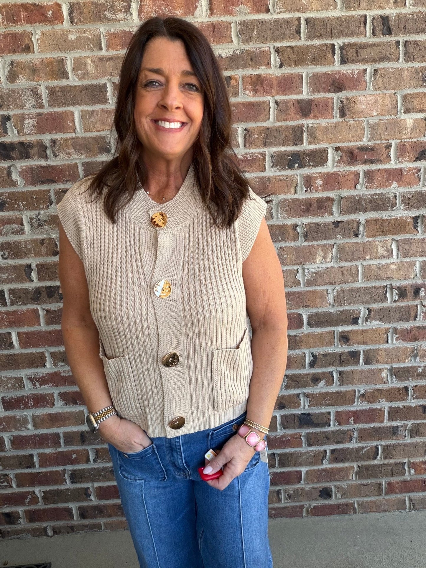 Button Detail Knit Vest - Taupe - Simply Pink Boutique