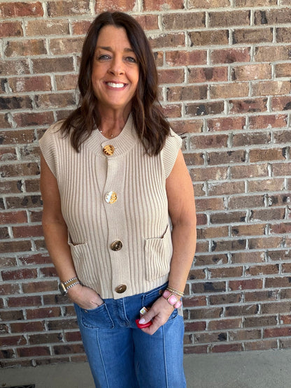 Button Detail Knit Vest - Taupe - Simply Pink Boutique