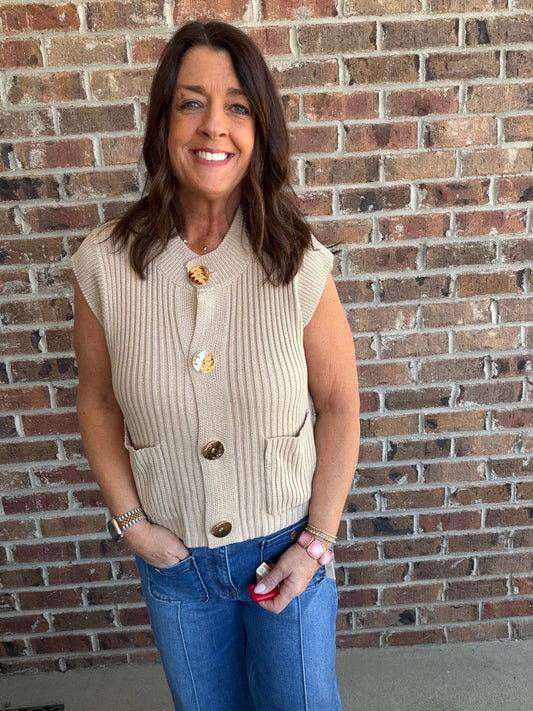 Button Detail Knit Vest - Taupe - Simply Pink Boutique