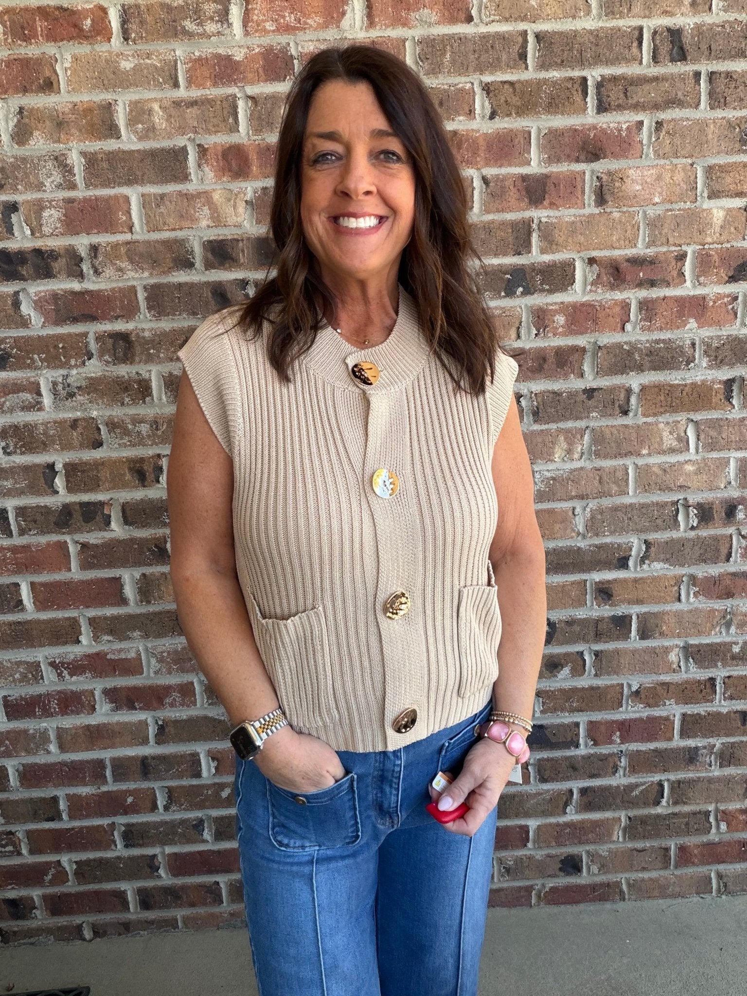 Button Detail Knit Vest - Taupe - Simply Pink Boutique