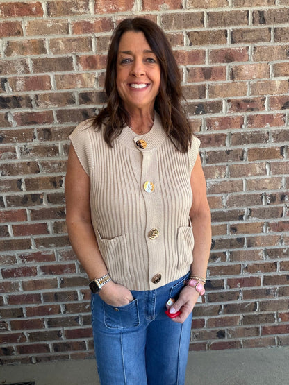 Button Detail Knit Vest - Taupe - Simply Pink Boutique