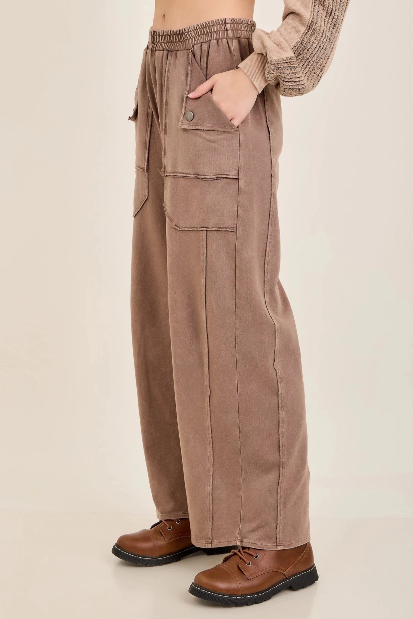 Chocolate Mineral Washed Pocket Pants - Simply Pink Boutique