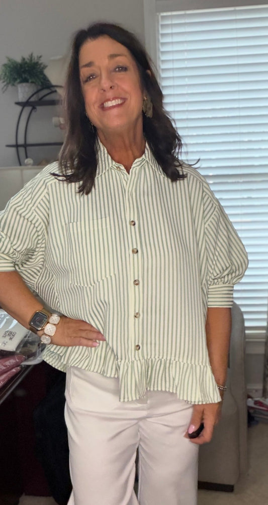 Collared Button Down Shirt with ruffle Sage - Simply Pink Boutique