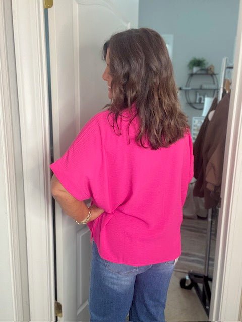 Collared Hot Pink V Neck Top - Simply Pink Boutique
