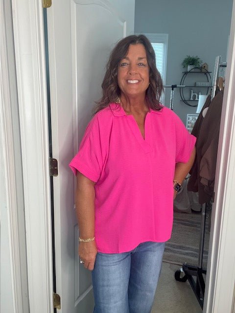 Collared Hot Pink V Neck Top - Simply Pink Boutique